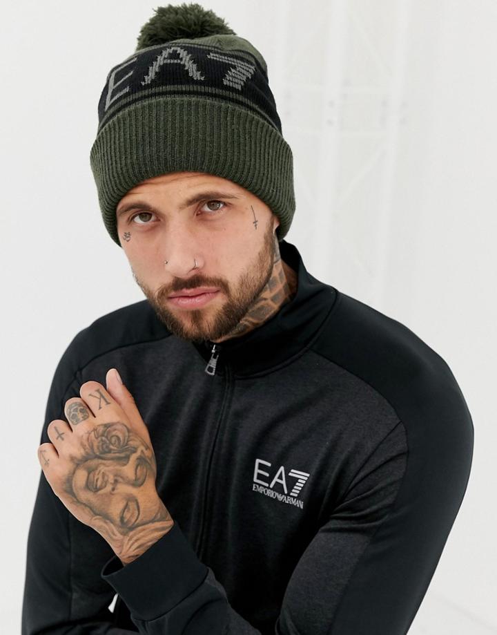 Ea7 Mount Urban Bobble Logo Beanie Hat In Khaki - Green