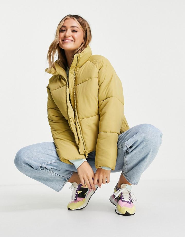 Monki Sue Short Padded Jacket In Green - Beige-neutral
