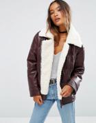 Asos Faux Leather Padded Jacket With Aviator Styling And Borg Liner - Red