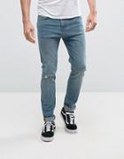 Bershka Skinny Jeans In Mid Blue Wash With Distressing - Blue