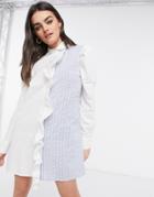 Lost Ink Shirt Dress With Balloon Sleeves In Mixed Fabrics-blue