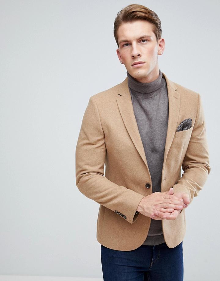 Moss London Skinny Blazer In Camel Tweed - Brown