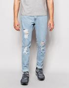Pull & Bear Jeans In Slim Fit With Rips In Light Blue - Light Blue