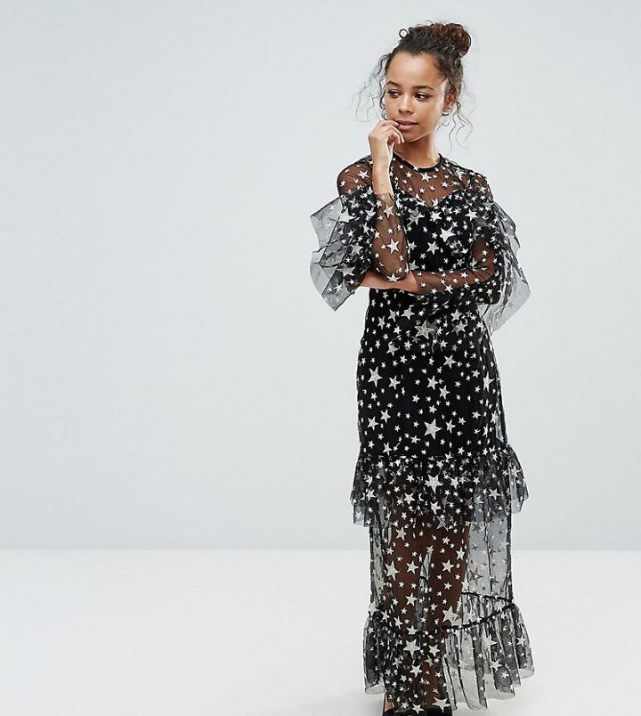 Boohoo Petite Star Embroidered Mesh Maxi Dress - Black
