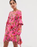 Signature 8 Rose Print Long Sleeve Mini Dress-pink