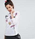 Asos Petite T-shirt With Mix And Match Badge Print And Long Sleeves - White
