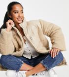 Asos Design Petite Faux Leather Patched Fleece Puffer Jacket In Beige-pink