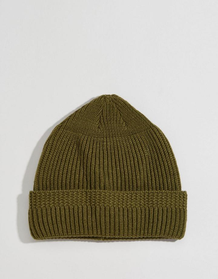 Asos Stitch Fisherman Beanie In Khaki - Khaki