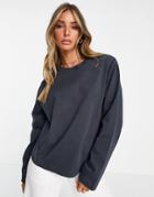 Topshop Premium Crew Neck Long Sleeve Tee In Navy-pink