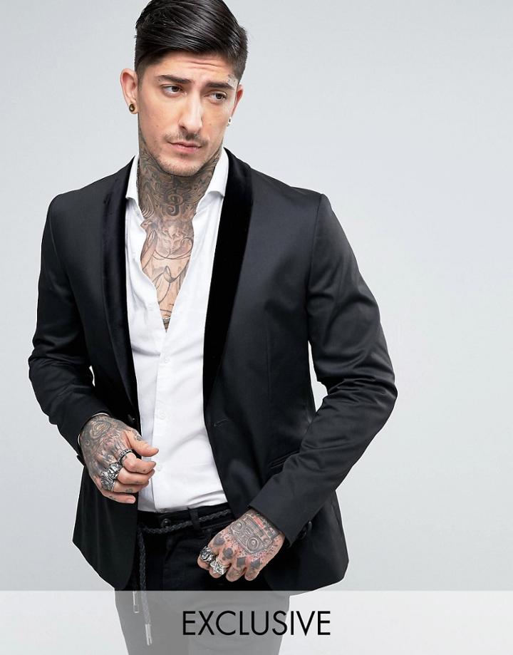 Religion Skinny Suit Jacket With Velvet Lapel - Black