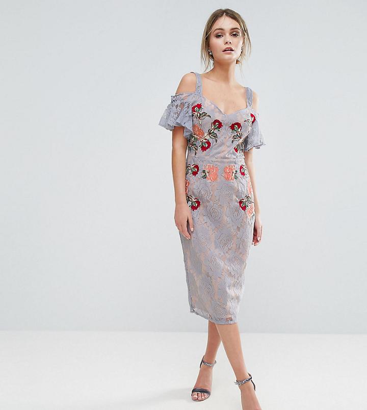 Hope & Ivy Embroidered Lace Midi Dress With Contrast Straps And Tie Cold Shoulder-blue