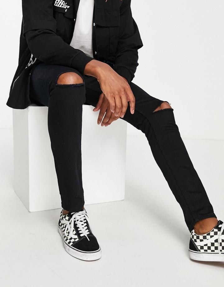Topman Stretch Skinny Knee Rip Jeans In Black
