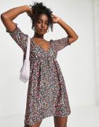 Miss Selfridge Shirred Cuff Jersey Smock Dress In Black Ditsy Print
