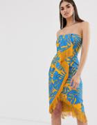 Lavish Alice Palm Print Origami Folded Midi Dress With Fringe Trim - Multi