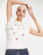 New Look Cherry Embroidered Fluffy Knit Frill Vest In White
