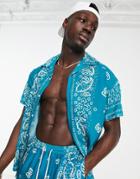 Mennace Camp Collared Shirt In Dark Green With Paisley Print - Part Of A Set
