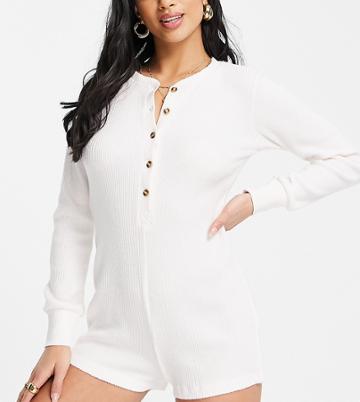 Chelsea Peers Petite Poly Rib Romper With Button Front Detail In Cream-white
