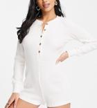 Chelsea Peers Petite Poly Rib Romper With Button Front Detail In Cream-white
