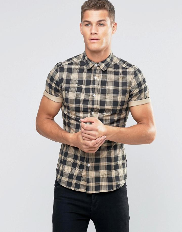 Asos Skinny Printed Checked Shirt In Camel - Navy