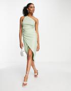 True Violet One Shoulder Slit Midi Dress In Soft Olive-green