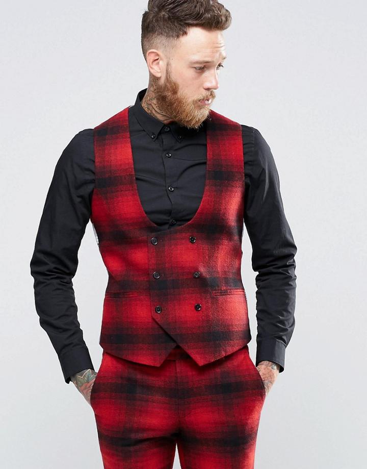 Noose & Monkey Skinny Db Vest In Ombre Check - Red