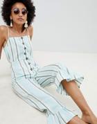 Asos Design Cotton Frill Hem Jumpsuit With Square Neck And Button Detail In Variated Stripe-multi