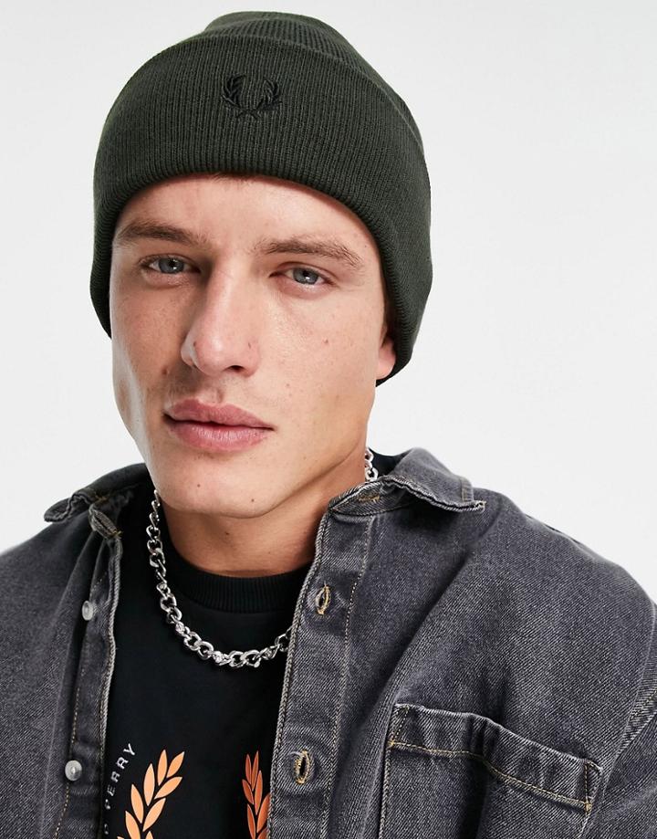 Fred Perry Merino Wool Beanie In Khaki-green