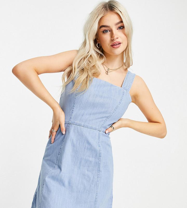 Asos Design Petite Soft Denim Mini Pinafore Dress In Mid Wash-blues