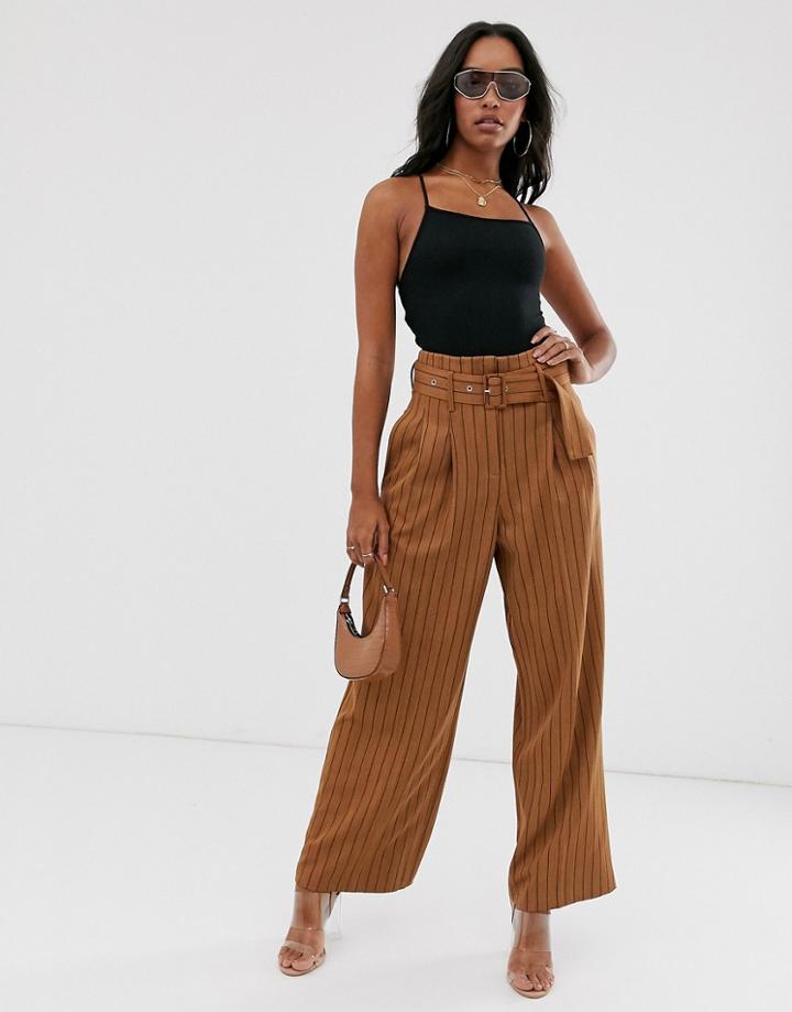 Asos Design Belted Wide Leg Pants In Pinstripe