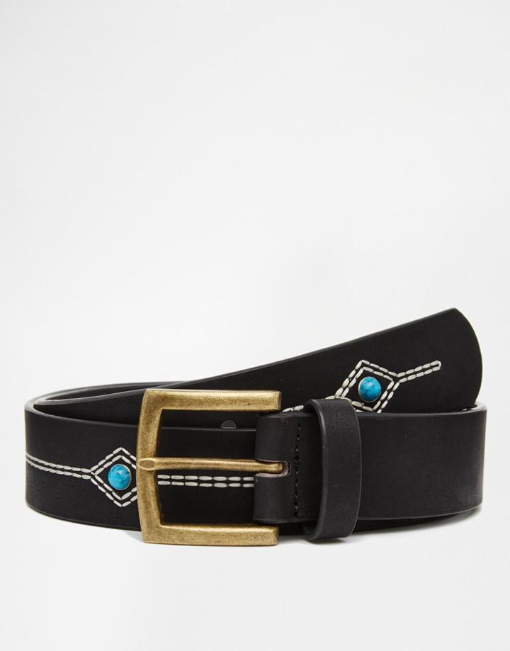 Asos Belt In Black With Turquoise Stones - Black
