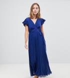 Asos Petite Pleated Maxi Dress With Flutter Sleeve - Navy