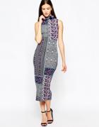 Club L Cowl Neck Body-conscious Midi Dress In Mixed Scarf Print - Navy