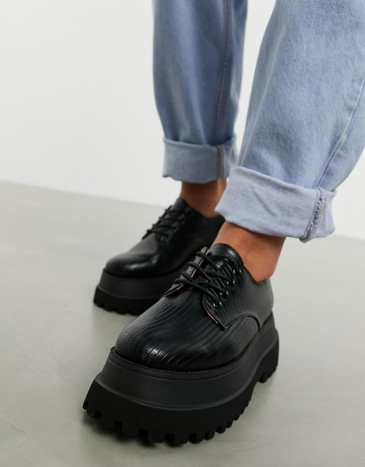 Asos Design Marcy Chunky Lace Up Flat Shoes In Black Lizard