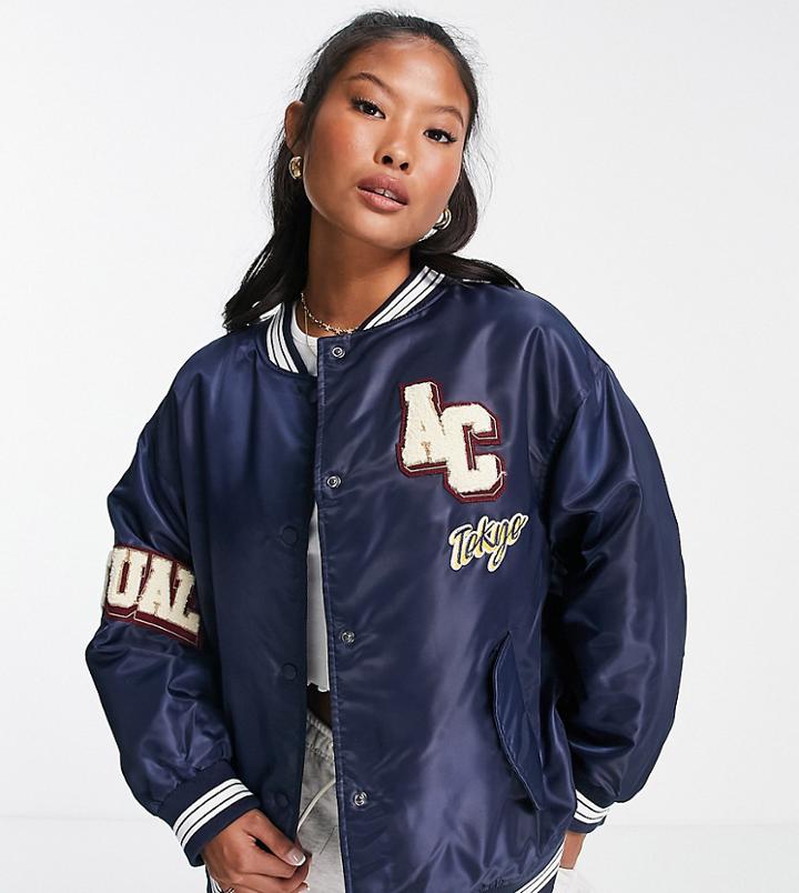 Asos Design Petite Varsity Bomber Jacket In Navy-blues