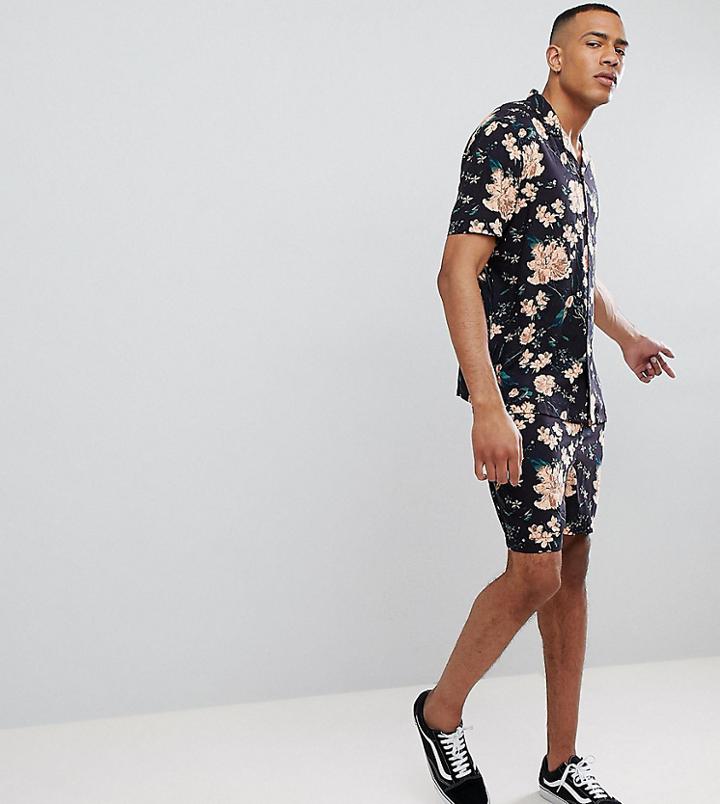 Asos Design Tall Two-piece Slim Shorts With Elasticated Waistband In Dark Floral Print - Black