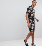 Asos Design Tall Two-piece Slim Shorts With Elasticated Waistband In Dark Floral Print - Black