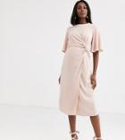 Asos Design Maternity Twist Front Midi Dress With Angel Sleeve - Pink
