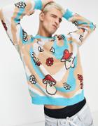Asos Design Knit Sweater With Swirly Mushroom Pattern-multi