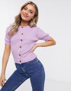 Daisy Street Button Front Top With Puff Sleeves In Knit-purple