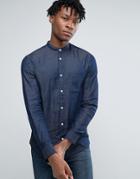 Selected Homme Long Sleeve Slim Fit Shirt With Grandad Collar In Washed Indigo - Navy