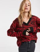 Brave Soul Zebra V Neck Sweater-red