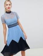 Liquorish Contrast Lace Midi Dress With Pleated Skirt - Blue