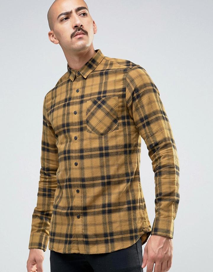 Pull & Bear Checked Shirt In Mustard In Regular Fit - Yellow