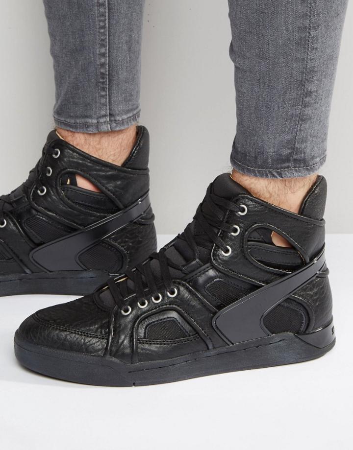 Diesel Titann Croc Effect Leather Sneakers - Black