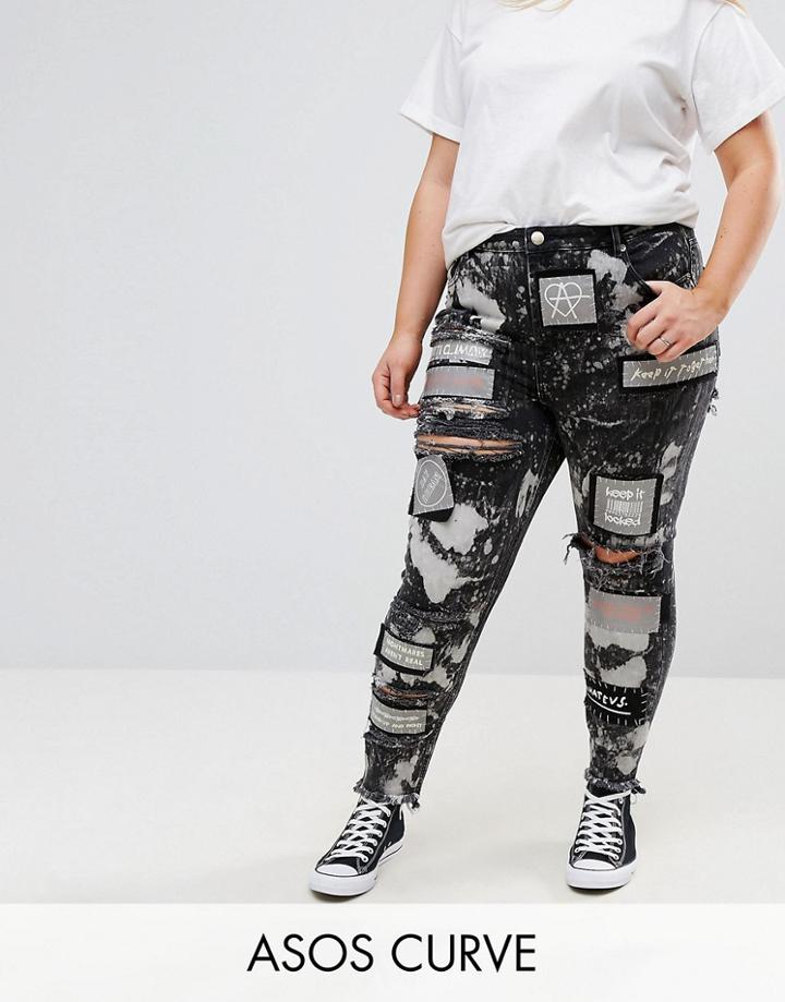 Asos Curve Rebel Skinny Jeans With Rips And Patches - Black