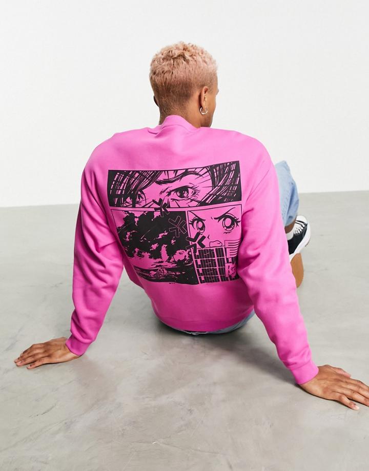 Asos Design Oversized Sweatshirt In Pink With Tonal Anime Back Print