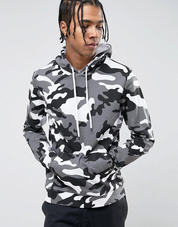 Bershka Hoodie In Black And White Camo - Gray