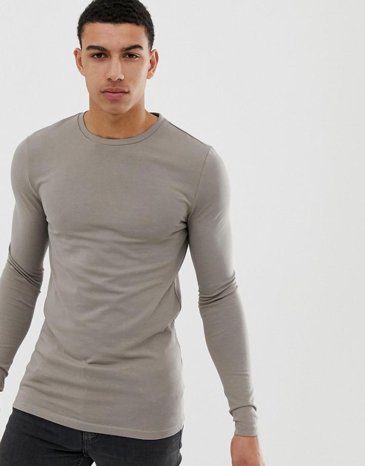 Asos Design Organic Muscle Fit Long Sleeve Crew Neck T-shirt In Beige