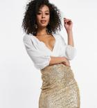 Jaded Rose Tall Wrap Blouse 2-in-1 Sequin Skirt Dress In White And Gold-multi