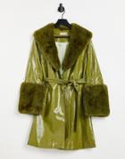 Jayley Faux Fur Trim Tie Waist Midi Coat In Green